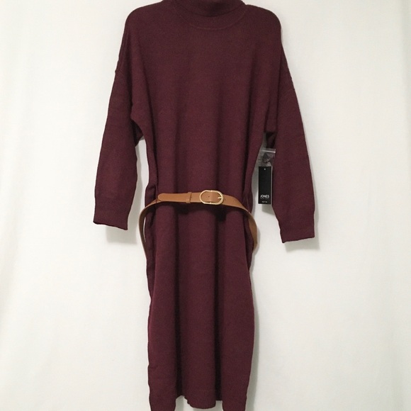 Jones New York Petite Size PXL Bordeaux Turtleneck Sweater Dress with Belt - Picture 2 of 7